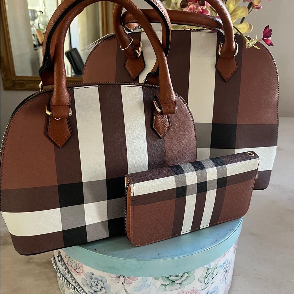 3 pc handbag set includes satchel, crossbody and matching wallet.